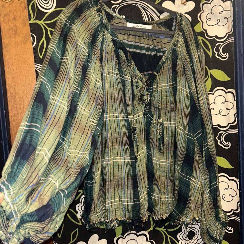 We The Free Anthropologie Cloudbreaker Tunic Raw HemGreen Plaid Boho Peasant szM